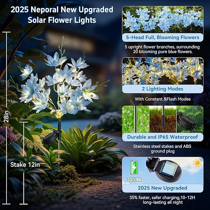Neporal Solar Flowers Outdoor Waterproof IP65, 5-Head Snow Lotus with 20+ Flowers, Warm LED Light & 2 Lighting Modes, Decorative Solar Lights Outdoor Garden, Yard, Pathway, Flower Bed (4-Pack, Blue)