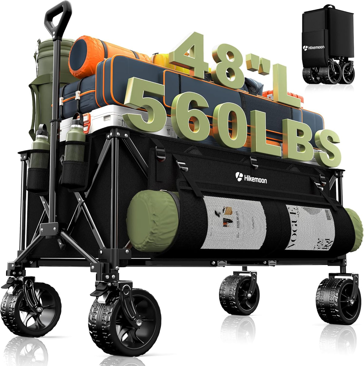300L Extra Large Wagons Carts Foldable, 560LBS Heavy Duty Collapsible Beach Wagon 48" Long with Big All-Terrain Wheels, Utility Folding Cart for Camping, Grocery, Sports, Garden, Black