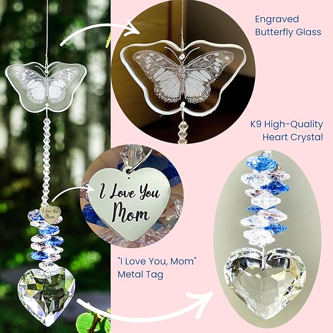 ARUN Gifts for Moms Birthday Gift Moms for mom Birthday Mothers Day from Daughter Son, Love Reminder Gifts Thanksgiving Christmas Butterfly suncatcher with Heart Crystal Mother's Things