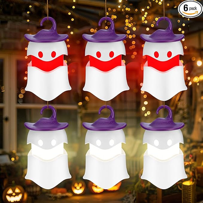 EverBrite 6-Pack Halloween Hanging Ghost Lights, Collapsible Ghost Camping Lantern, Two Color Changing, Indoor/Outdoor Halloween Spooky Party Decorations, Battery Included