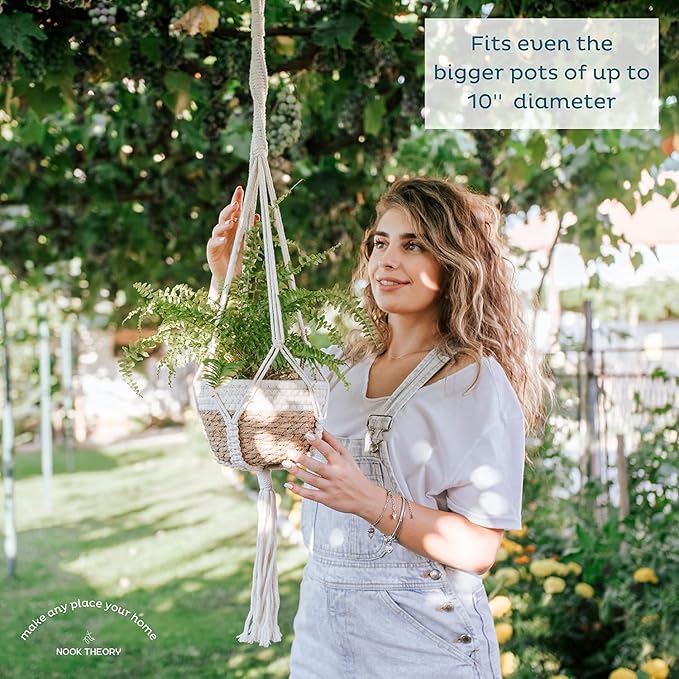 Nook Theory 4-Pack Macrame Plant Hanger - with 8 Ceiling Hooks - Hanging Planter Indoor Outdoor - Hanging Plant Holder - Decorative Bohemian Plant Hangers - Hanging Plants (Cream)
