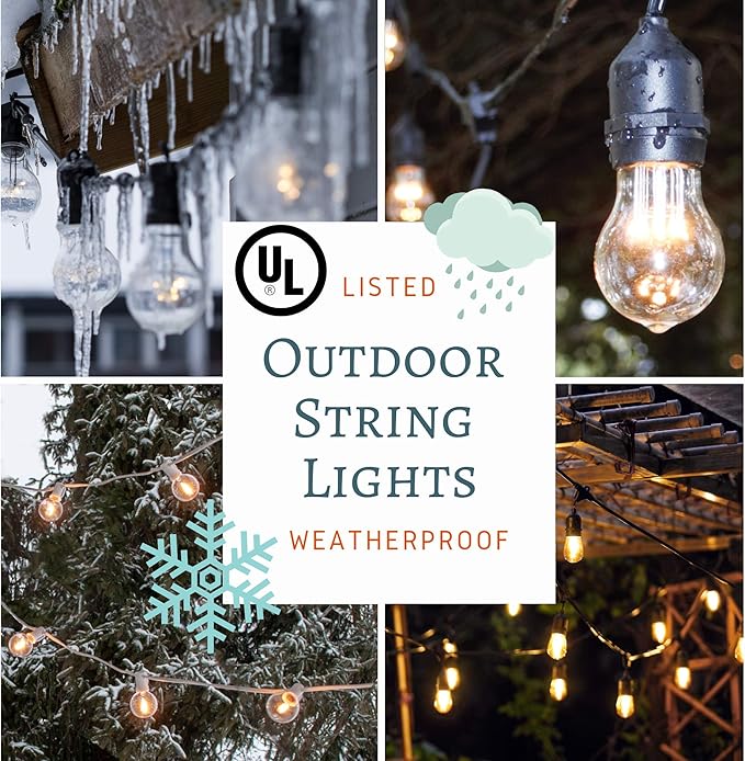 Hometown Evolution, Inc. 50 Foot E26 Outdoor Commercial String Lights with Suspended Socket for Weatherproof Heavy Duty Vintage Outside Lighting - Set of 25 A15 Clear Bulbs