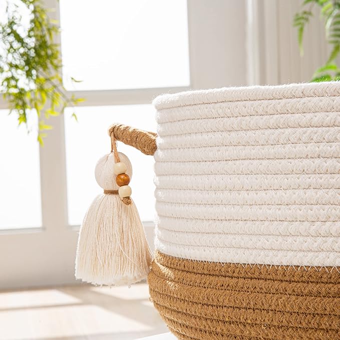 KAKAMAY Woven Baskets for Storage(16"x8"),Blanket Basket for Organizing Living Room,Cotton Rope Basket Woven Baby Laundry Hamper,Collapsible Laundry Room Organization,Clothes,Toy Chest(Brown)