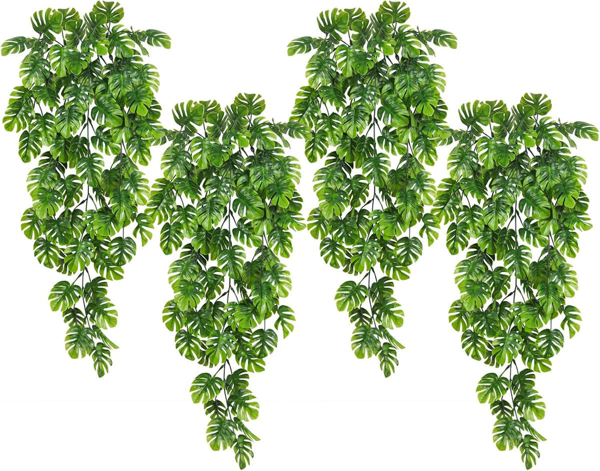 RECUTMS Artificial Hanging Plants 4Pcs, Fake Monstera Leaves Ivy Vine Faux Greenery UV Resistant Tropical Palm Leaf Swag Plant for Garden Home Jungle Hawaiian Luau Party Outdoor Indoor Spring Décor