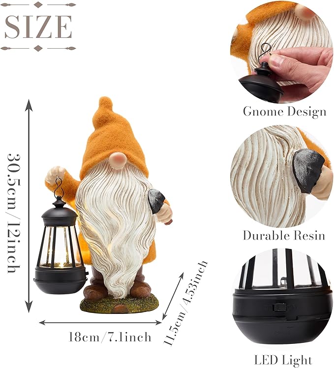 TERESA'S COLLECTIONS Christmas Outdoor Statue for Home, Resin Gnome Decorations with Solar Outdoor Lights for Garden Decor,Yellow Garden Sculptures & Statues for Front Patio Lawn, Gifts for Mom,12"