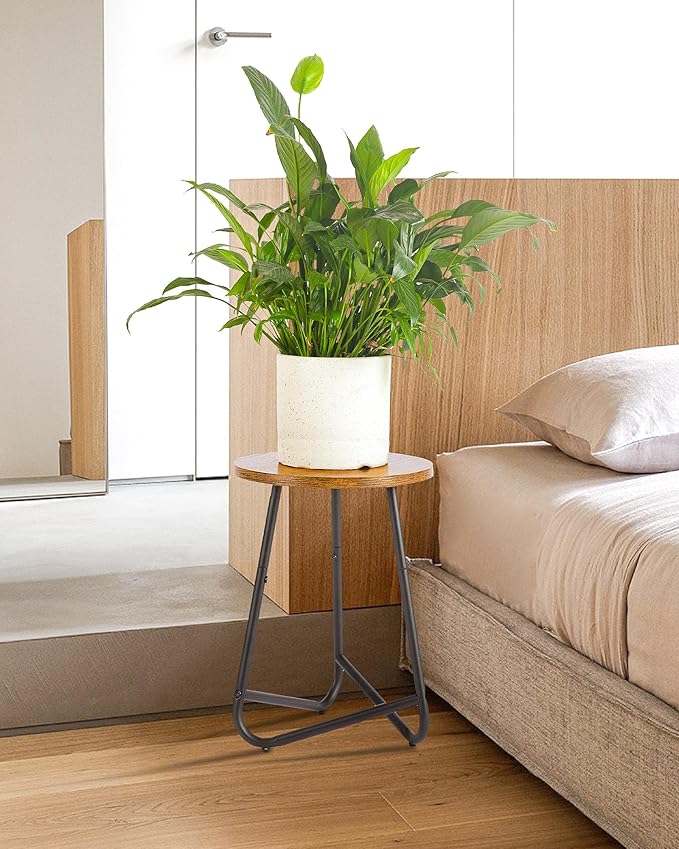 Indoor Plant Stand,Mid Century Wood Stand Plant Table,Modern Plant Stool for Outdoor,Metal Tall Holder for Flower Pots,Small Round Side End Table (Rustic Brown, 15 inch)