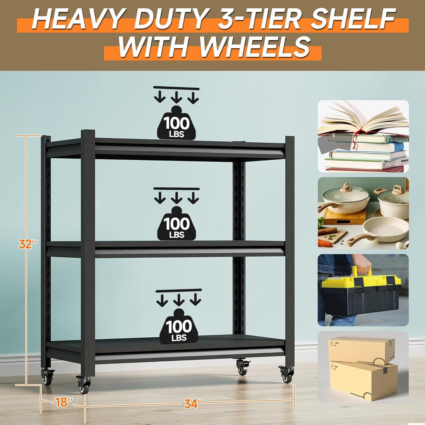 Workbench on Wheels, Adjustable Heavy Duty Work Table with Wheels, Heavy Duty Workstation, Metal Tool Work Bench for Garage Warehouse Workshop, 32" H x 18" D x 34" W