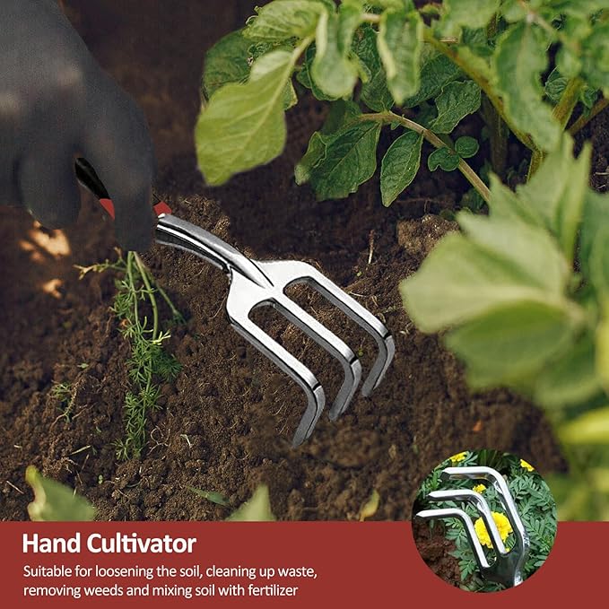 Garden Tool Set, 3 Piece Gardening Tools Includes Garden Trowel, Transplant Trowel and Hand Rake with Non-Slip Ergonomic Handle, Heavy Duty Garden Kit for Planting, Garden Gifts Red