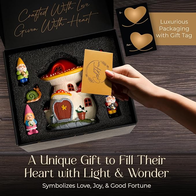 Solar Garden Gnome Statue Set – Magical Gnome Decor - Solar Light Mushroom House – Hand-Painted Resin Garden Decorations for Indoor & Outdoor – Weather-Proof Yard Ornaments - Unique Outdoor Gifts