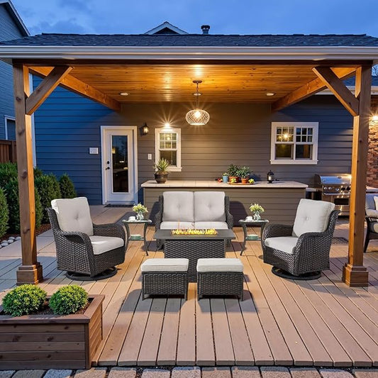 8 Piece Outdoor Patio Furniture Set - 41" CSA Propane Fire Pit Table Patio Conversation Set with Swivel Rocker Outdoor Chairs, Wicker loveseat and Ottoman for Outside Casual Gathering