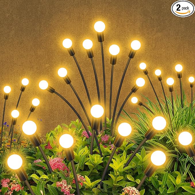 Solar Garden Lights Outdoor Waterproof, 2 Pack 16 LED Decorative Solar Swaying Lights, Solar Firefly Lights Outdoor Garden Decor Lights for Garden Gifts for Pathway Party Christmas, Warm White