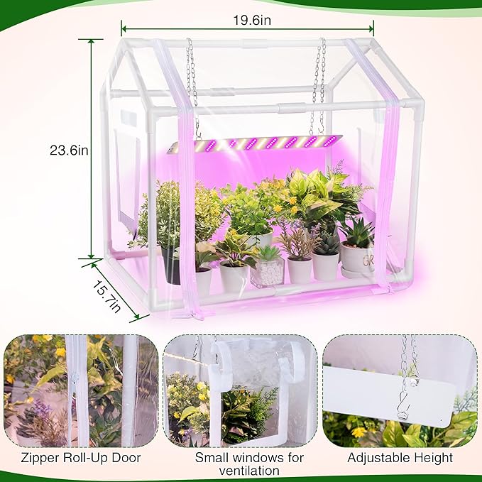 Meonum Mini Greenhouse with Grow Light for Indoor, 23.6 x15.7 x19.6 Tabletop Small Greenhouse Kit with 15W Plant Dimmable LED Grow Lights and Timer, 3 Light Color Mode for Seed Starter Tray