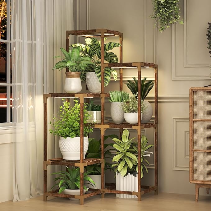 HOMKIRT Corner Plant Stand with Grow Lights, Plant Shelf Indoor for Multiple Plants, Wood Plant Rack Holder Flower Stand for Patio Porch
