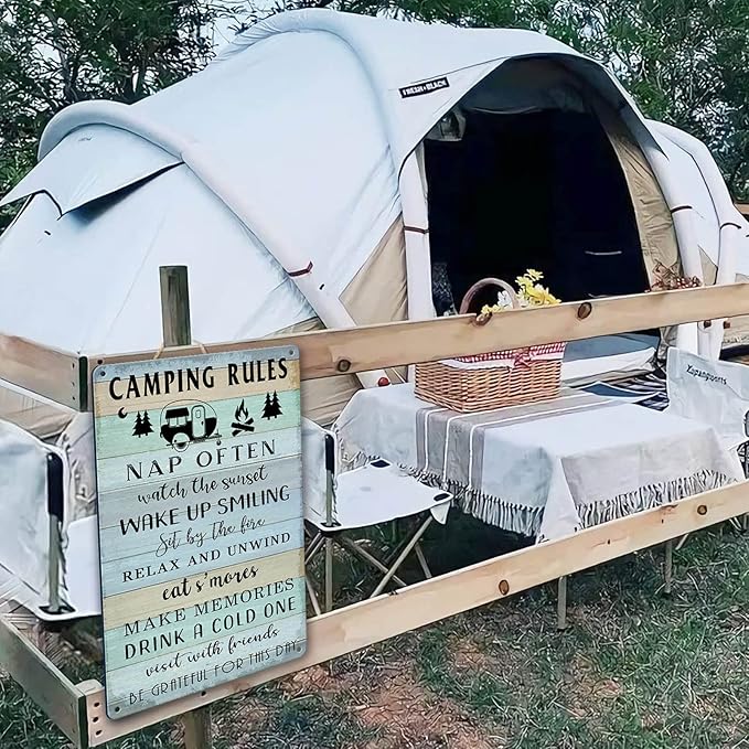 Camping Decor For Camper Camping Rules Sign Metal Tin Signs Lake Camper Door Decorations For Inside Funny Camping Themed Decor Rv Wall Art Decor Cabin Sign 12 X 8 Inch