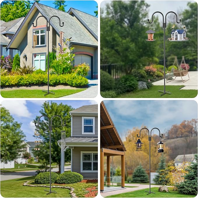 Highpro Double Shepherds Hooks for Outdoor, 2 Pack 79 Inch Heavy Duty Garden Pole for Hanging Bird Feeder, Bird Feeder Hook Plant Baskets,Garden Plant Hanger Stands with 5 Base Prongs