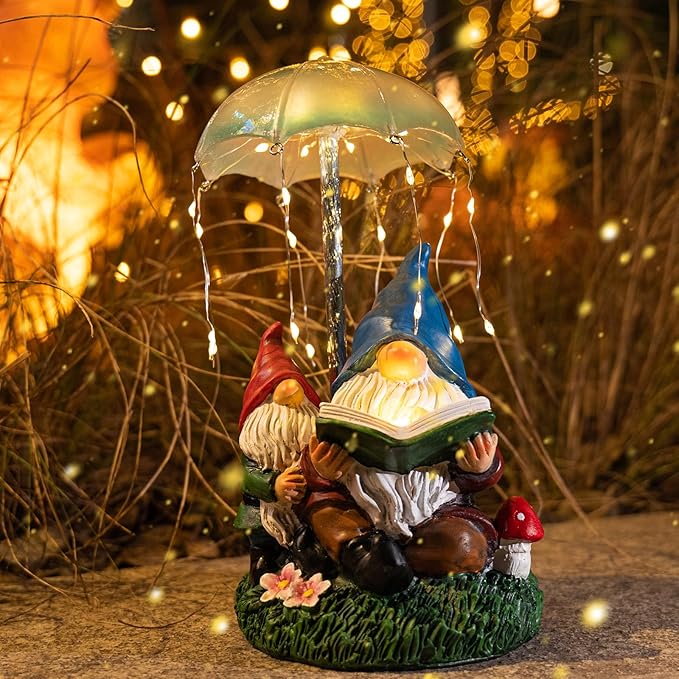 mopha Garden Gnomes Statues Outdoor Decor Gifts, Resin Figurines Outside Decoration Ornaments Clearance Gardening Decoration, Solar Powered Umbrella Fireworks Lights