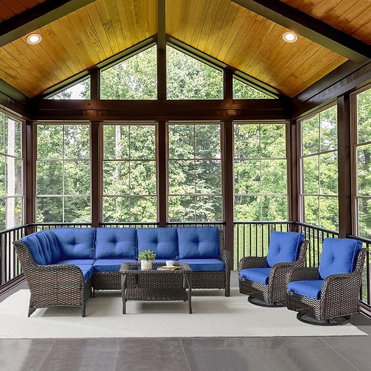 Outdoor Furniture Sectional Sofa L Shaped Couch - Patio Wicker Set with 2 Swivel Glider Chairs, 5 Piece Rattan Patio Conversation Sets with Blue Cushion for Deck Backyard Sunroom