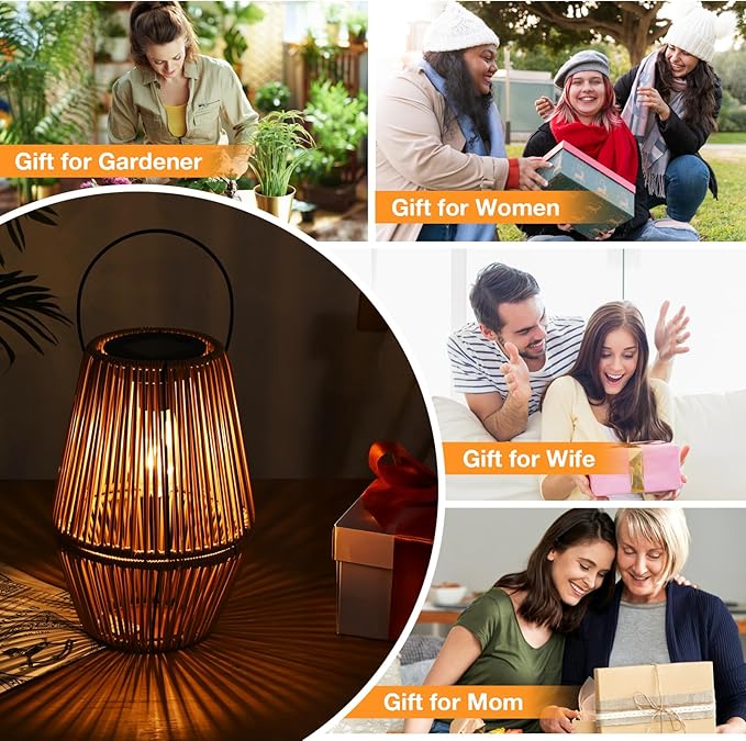 Uspring 3-in-1 Solar Lanterns Outdoor Waterproof Rattan Woven Hanging Solar Lights for Outside with Bright Lamp & LED Bead & 2 Handles, Garden Gifts Decor for Women Mom Patio Backyard Porch Deck