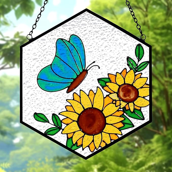 Stained Glass Butterfly Sunflower Suncatcher Window Hanging Ornament, Light Transmission Hand Paint Sun Catchers for Women Gifts, for Lover