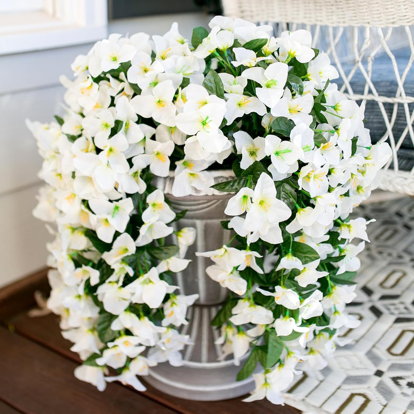 Bougainvillea Artificial Hanging Flowers Plants for Outdoors Decoration, 2pcs Fake Flowers Silk Bougainvillea Vines Realistic UV Resistant Faux Flowers for Outdoor Planters Patio Urn, White