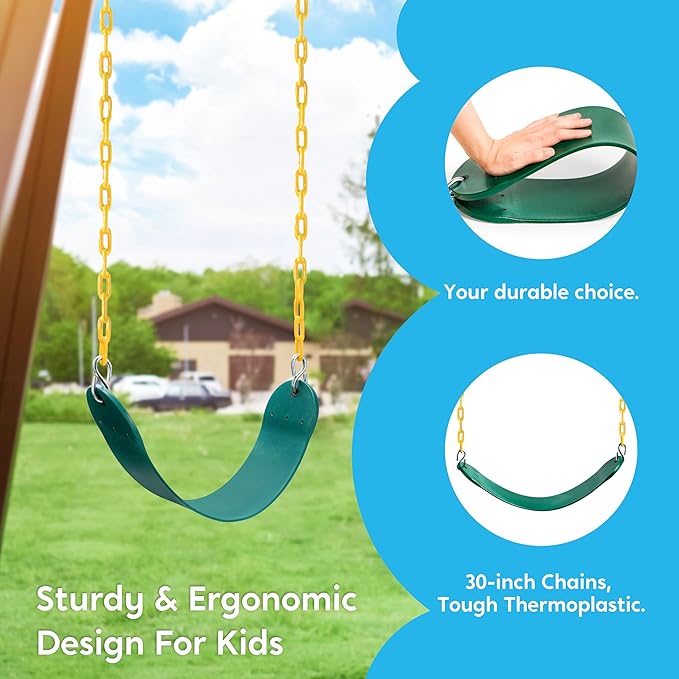 TURFEE 3 Pack Assorted Swing Set, Including 1 Gym Rings Trapeze Bar and 2 Pcs Swings with Plastic Coated Chain, Swingset Accessories Replacement for Kids Outdoor Play, Playground- Green