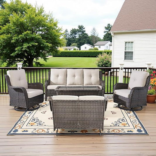 5 Piece Outdoor Patio Furniture Set - Outdoor Conversation Couch and Loveseat Glider Chair Furniture Set with Rattan Coffee Table for Deck Balcony Poolside Brown Wicker/Beige Cushions