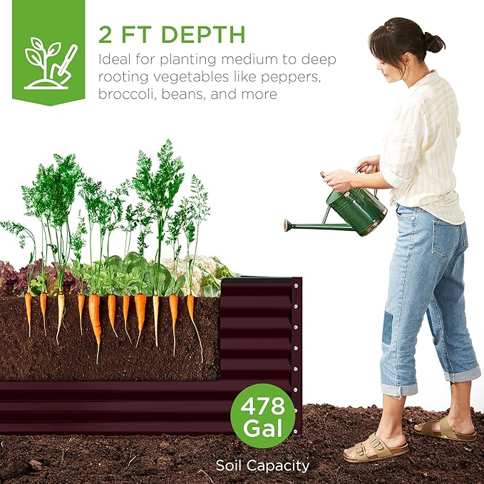 Best Choice Products 8x4x2ft Outdoor Metal Raised Garden Bed, Deep Root Planter Box for Vegetables, Flowers, Herbs, and Succulents w/ 478 Gallon Capacity - Burgundy