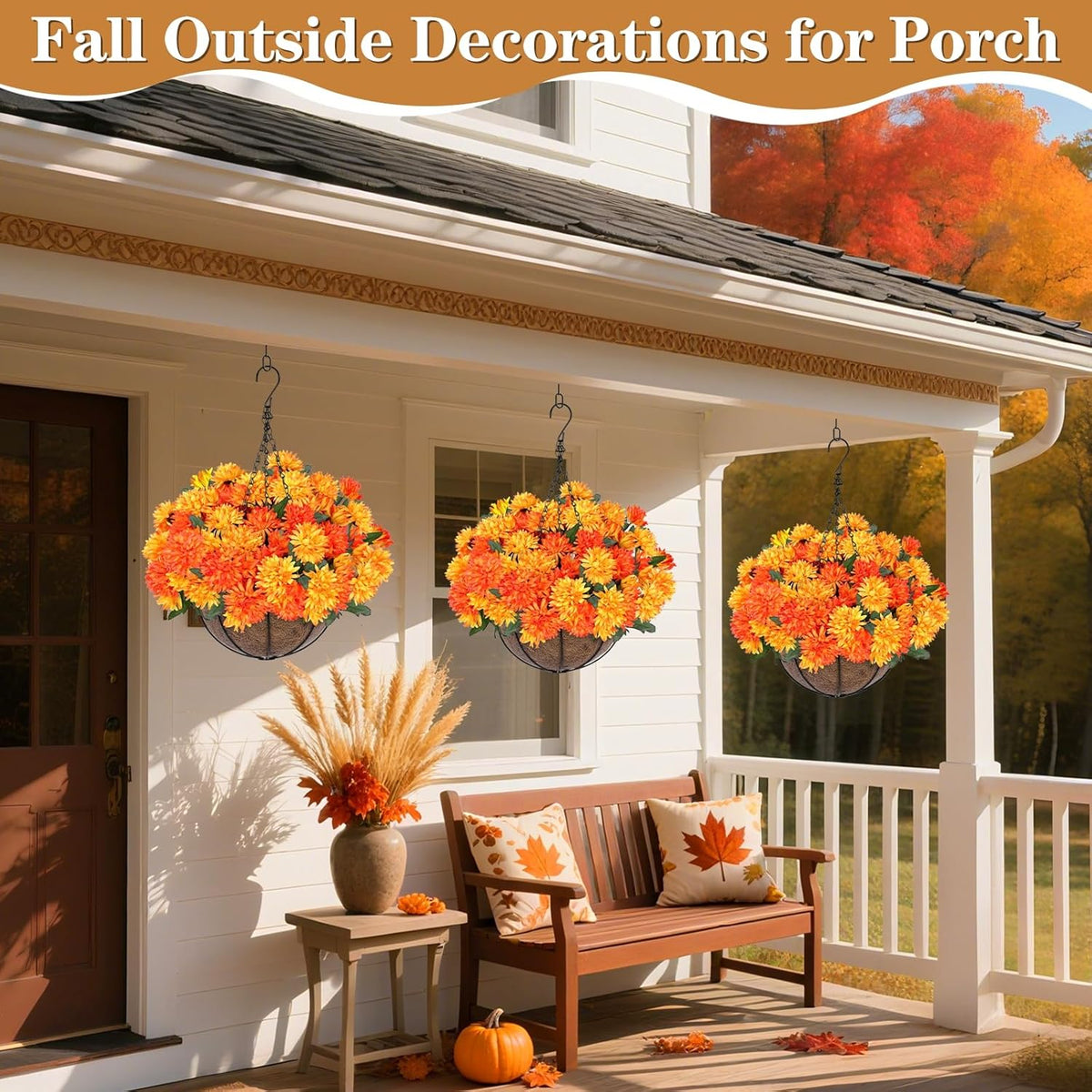 Artificial Faux Fall Mums Hanging Flowers Plants Basket for Outdoor Decor, 75 UV Resistant Fake Silk Orange Yellow Daisy in Planter Real Look for Autumn Porch Home Patio Garden Yard Decoration