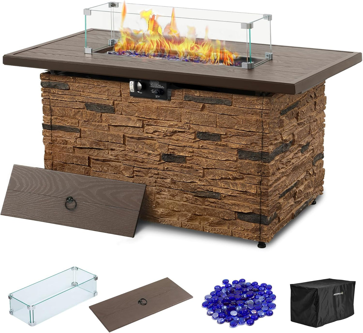 43” Propane Fire Pit Table Outdoor Rectangular Stone Firepit Table 50,000 Btu Propane Fire Tables for Outside Patio with Glass Wind Guard, Lid, Fire Glass Beads,Brown Rock Look