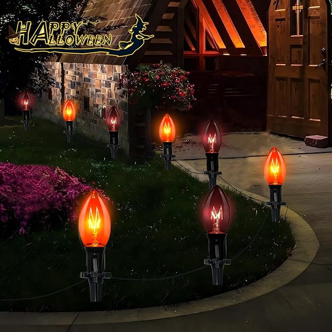 19.5Ft Halloween Pathway Lights, 10 Pack C9 Orange & Black Bulbs, Connectable, UL Listed, Outdoor Garden Yard Driveway Lawn Decor
