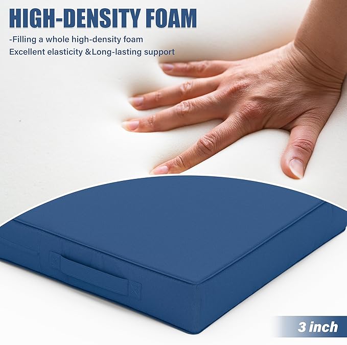 Patio Chair Cushions 17 X 16 X 3 Inch Waterproof Outdoor Seat Cushions for Patio Furniture, Outdoor Sofa Couch Pads with Ties & Handle, Set of 2, Blue