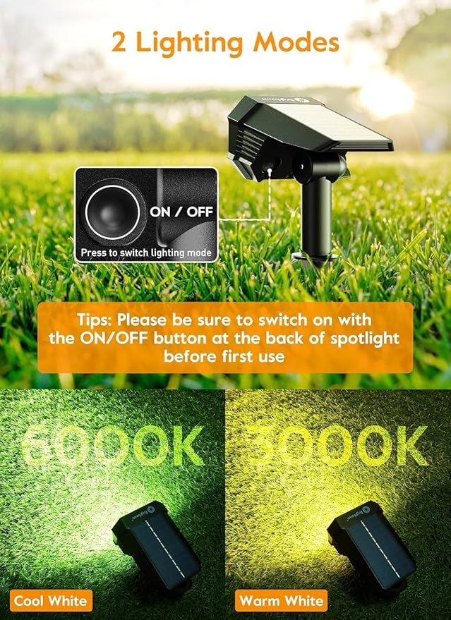 Brightown Solar Lights Outdoor Waterproof IP67, [Cool & Warm Light 2-in-1] Solar Spot Lights Outdoor, 2 Colors 3 Brightness Levels LED Outdoor Solar Lights for Yard Pathway Garden House, 2 Pack