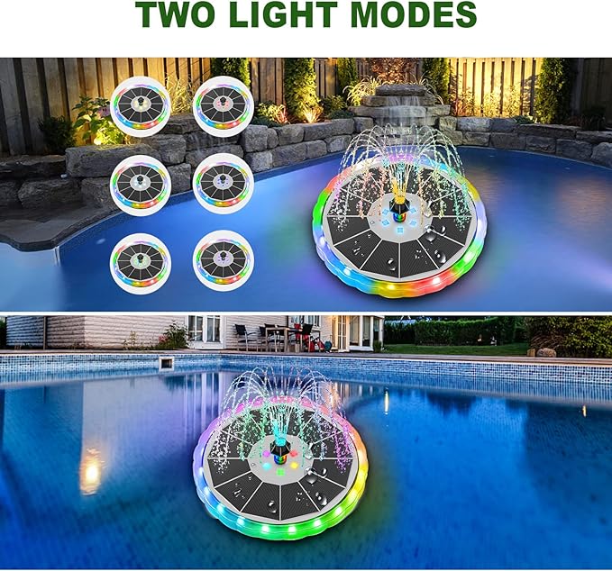 Solar Water Fountain with LED Lights Matte Panel, Built-in 4000 mAH Battery Large Bird Bath Fountains Solar Power with 4 Fixed Rods, Solar Fountain Pump for Pond, Outdoor,Garden,Pool-Multicolor
