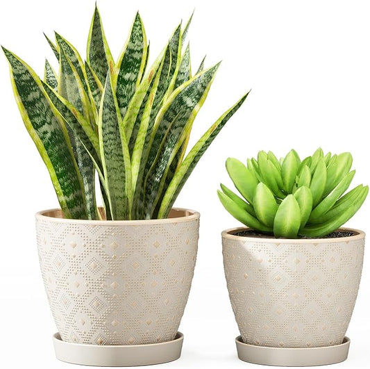 Docrin Ceramic Plant Pots Indoor, 6.6 + 5.5 Inch Planters with Drainage Holes and Saucer for Home/Office - Set of 2 /White