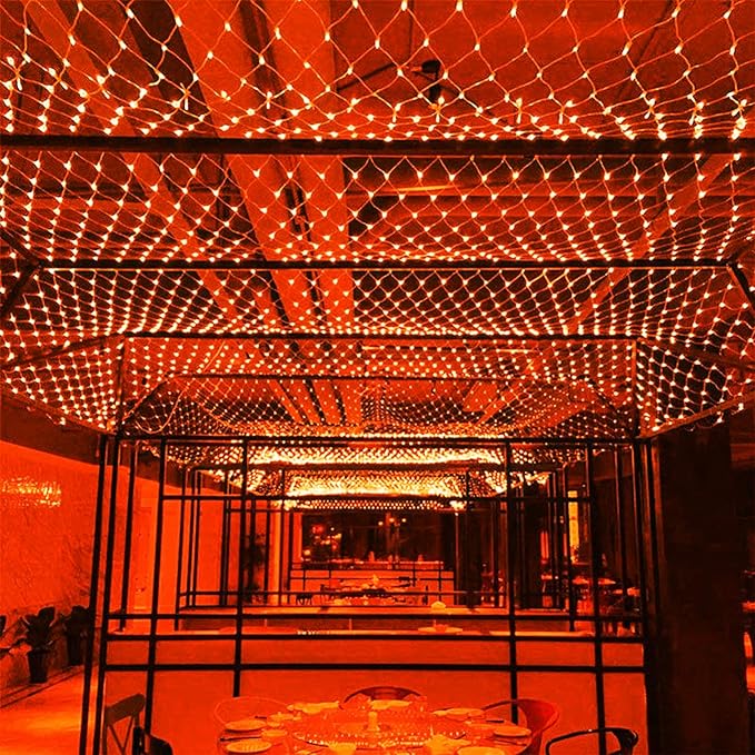 Joomer 12ft x 5ft 360LED Orange Halloween Net Lights Outdoor Mesh lights, 8 Modes Timer Connectable Waterproof Bush Lights Mesh Netting Lights for Halloween Outdoor Decorations (Clear Wire)
