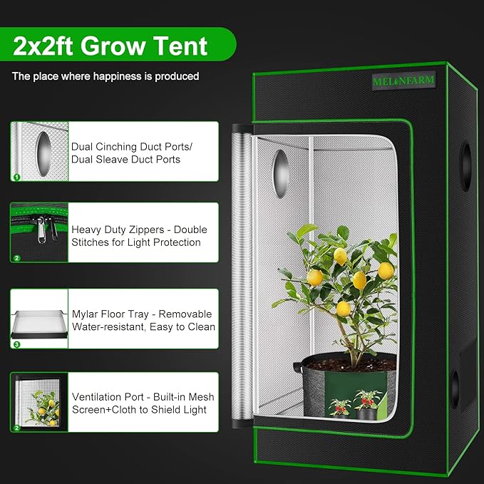 MELONFARM 2x2 Grow Tent, 24"x24"x48'' High Reflective 600D Diamond Mylar Canvas with Observation Window and Floor Tray for Hydroponic Indoor Plant Growing
