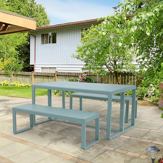 Aoodor 3-Piece Outdoor Patio Dining Set, Aluminum Furniture Set with 1 Rectangular Picnic Table and 2 Benches for Garden, Lawn, Yard