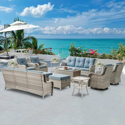 Wicker Patio Furniture Sets - 13 Piece Outdoor Rattan Furniture Conversation Sets with 4 Swivel Rocker Chairs, 2 Rattan Sofas, Wicker Ottomans and Coffee Table, Light Grey/Baby Blue