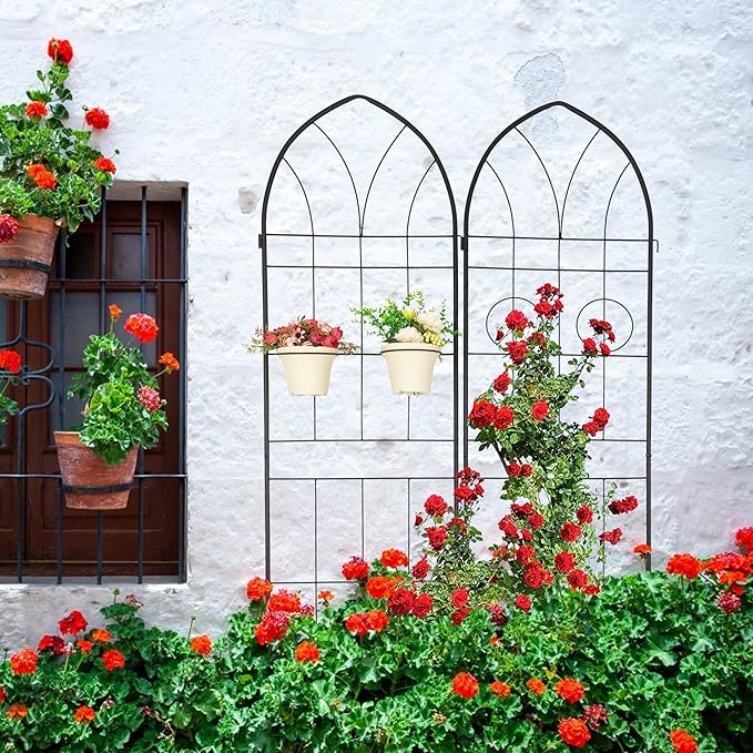 2 Pack Metal Garden Trellis 78.7" H Garden Fence Rustproof Trellis for Climbing Plants Support Roses Flower Outdoor Lawn Black