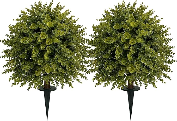 ICX 2 Set 25" Artificial Eucalyptus Topiary Ball Trees with Ground Spike,Artificial Plants Outdoor,Fake Bushes & Shrubs for Porch, Garden, Front Porch Decor - Indoor/Outdoor Faux Plants