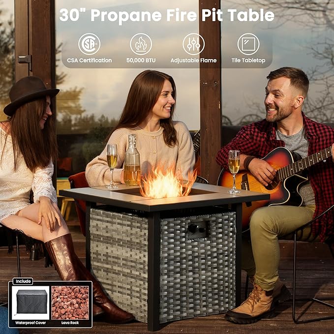ovios 6 Pieces Patio Furniture Set with 30" Fire Pit Table, Outdoor Wicker Sofa with Comfy Cushions, All Weather High Back Rattan Couch Conversation Set, Orange Red