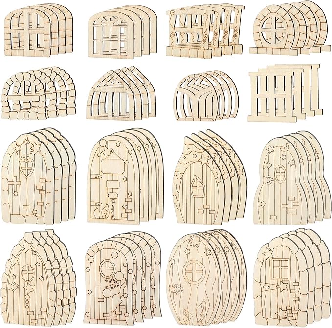 64 Pcs Fairy Door Mini Wooden Garden Doors Unfinished DIY Craft Fairy House Kit Unpainted Wood Miniature Door Blank Fairy House Doors and Windows for Home Office Wedding Party Decoration Accessories