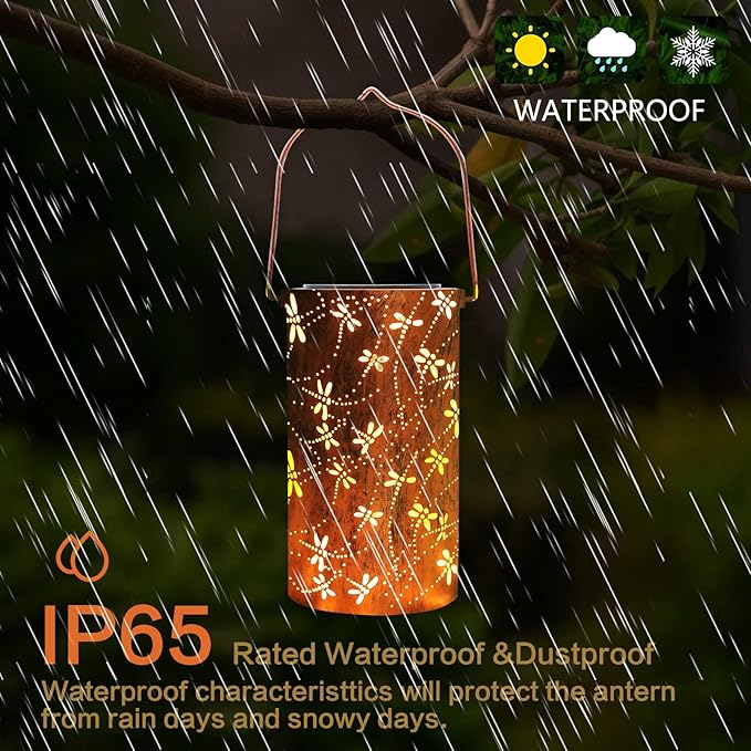 4 Pack Solar Lanterns Outdoor Hanging Lantern Lights, Dragonfly Hollowed-Out Metal Decor Lantern, Waterproof LED Decorative Garden Light - Delicate Garden Decoration for Patio, Yard