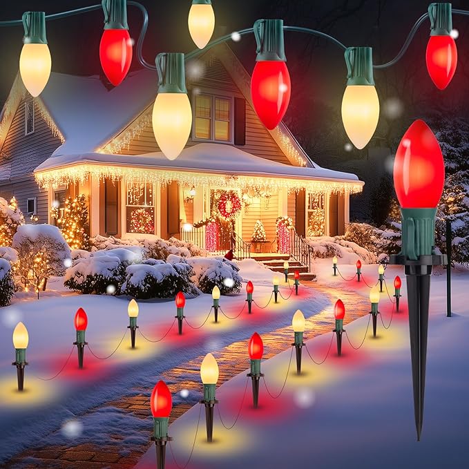 Brightown Frosted C9 LED Christmas Lights Outdoor, 32Ft Christmas Pathway Lights with 25 LED Bulbs and Stakes, Christmas Decorations Outside Driveway Walkway Sidewalk, Red and Warm White