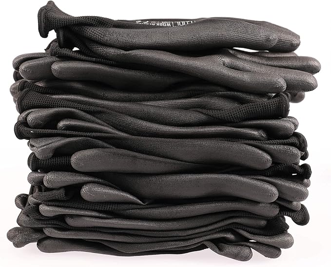 DULFINE Ultra-Thin PU Coated Work Gloves-12 Pairs,Excellent Grip,Nylon Shell Black Polyurethane Coated Safety Work Gloves, Knit Wrist Cuff,Ideal for Light Duty Work. (Medium)