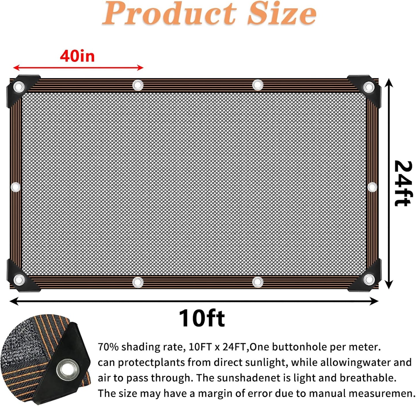 QLOFEI 60-70% Shade Cloth with Grommets, Sunblock Shade Sail Mesh Tarp for Plant Greenhouse, Easy to Hang Shade Cloth for Patio Kennel Chicken Coop Lawn Garden Shade Neting Cover, 10x24 FT