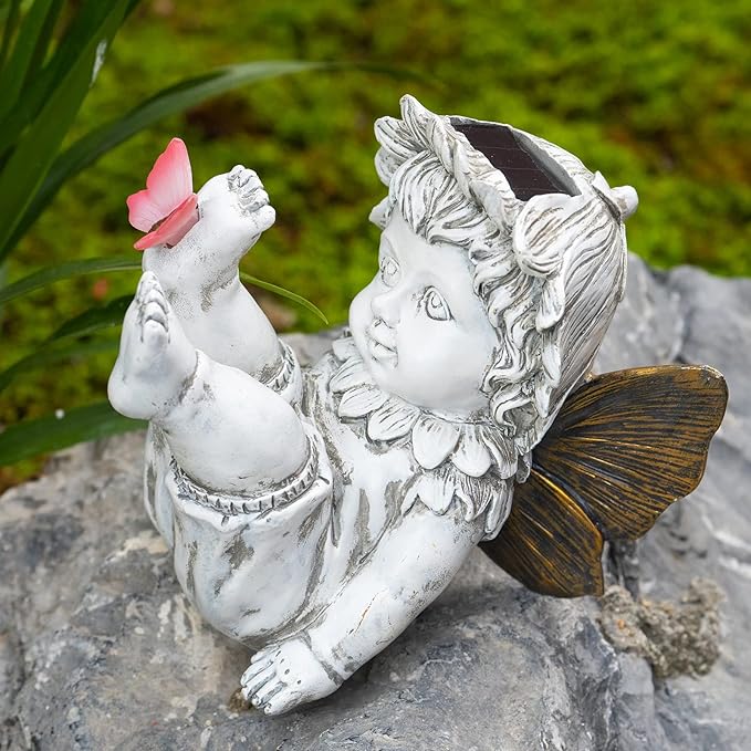 Garden Fairy Outdoor Solar Decor,Fairy Garden,Garden Sculpture,Resin Ornaments for Patio Lawn Yard Porch,Playful Garden Flower Fairy Statues for Outside Angel Gifts,7.91 Inches Tall