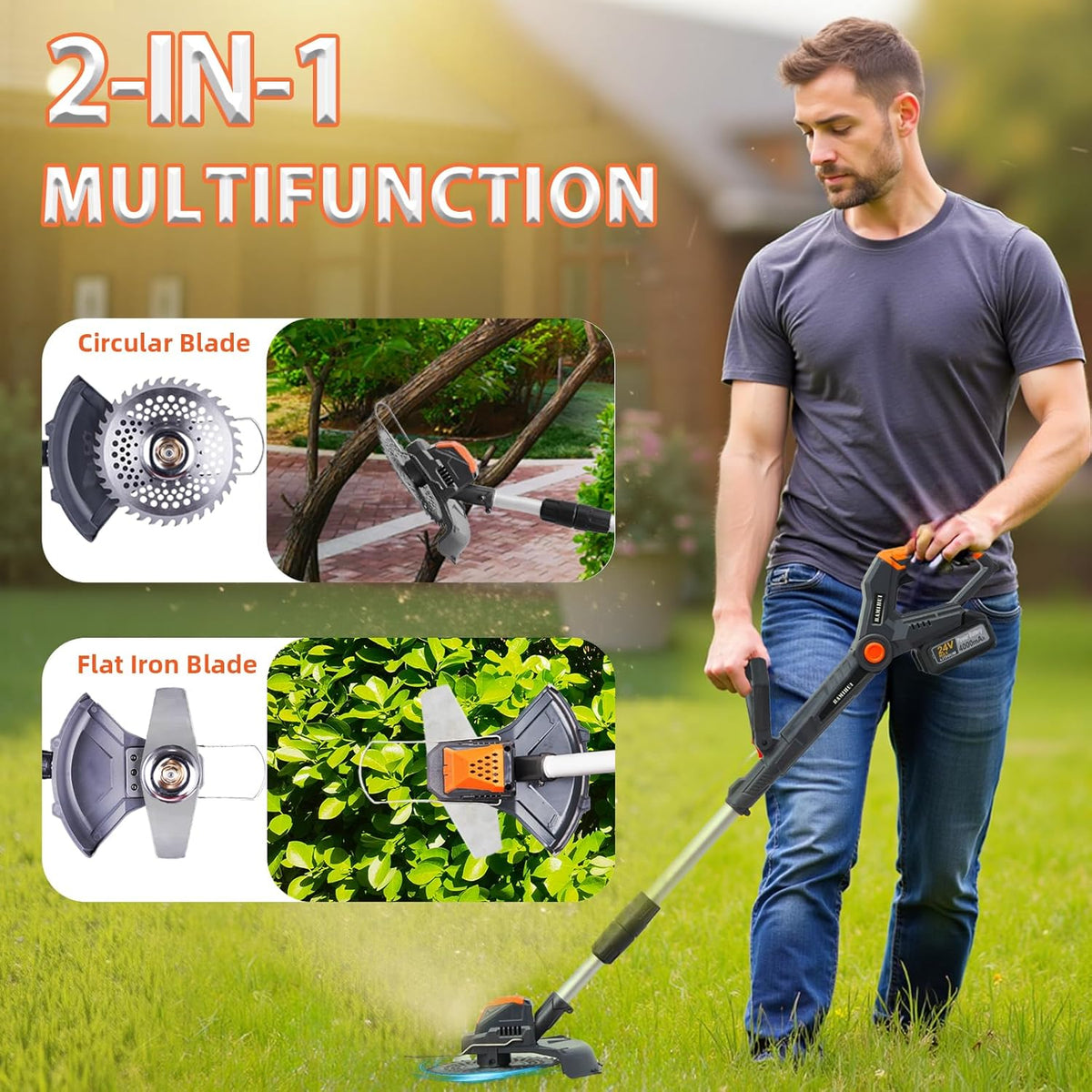 Electric Weed Wacker Cordless,24V Weed Cordless Eater Battery Powered,Weed Cutter with 2Pcs 4.0Ah Batteries,1300W Motor,2 Types Blades,Grass/String Trimmer Lawn for Yard and Garden