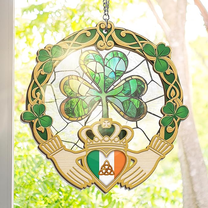 St Patricks Day Decorations - St Patricks Day Accessories, Shamrock Decorations, Irish Gifts for Women Men Friends Family, Shamrock Decorations - Double Layered Hanging Suncatcher 8 in