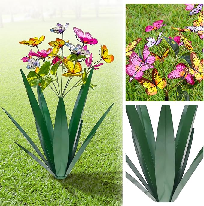 Garden Outdoor Butterfly Enlarge Thickened Wind Resistant Metal Agave Garden Art Metal Plant Country Sculpture Statue Decorations Ornaments Artificial Waterproof Butterflies(Green 3pcs)